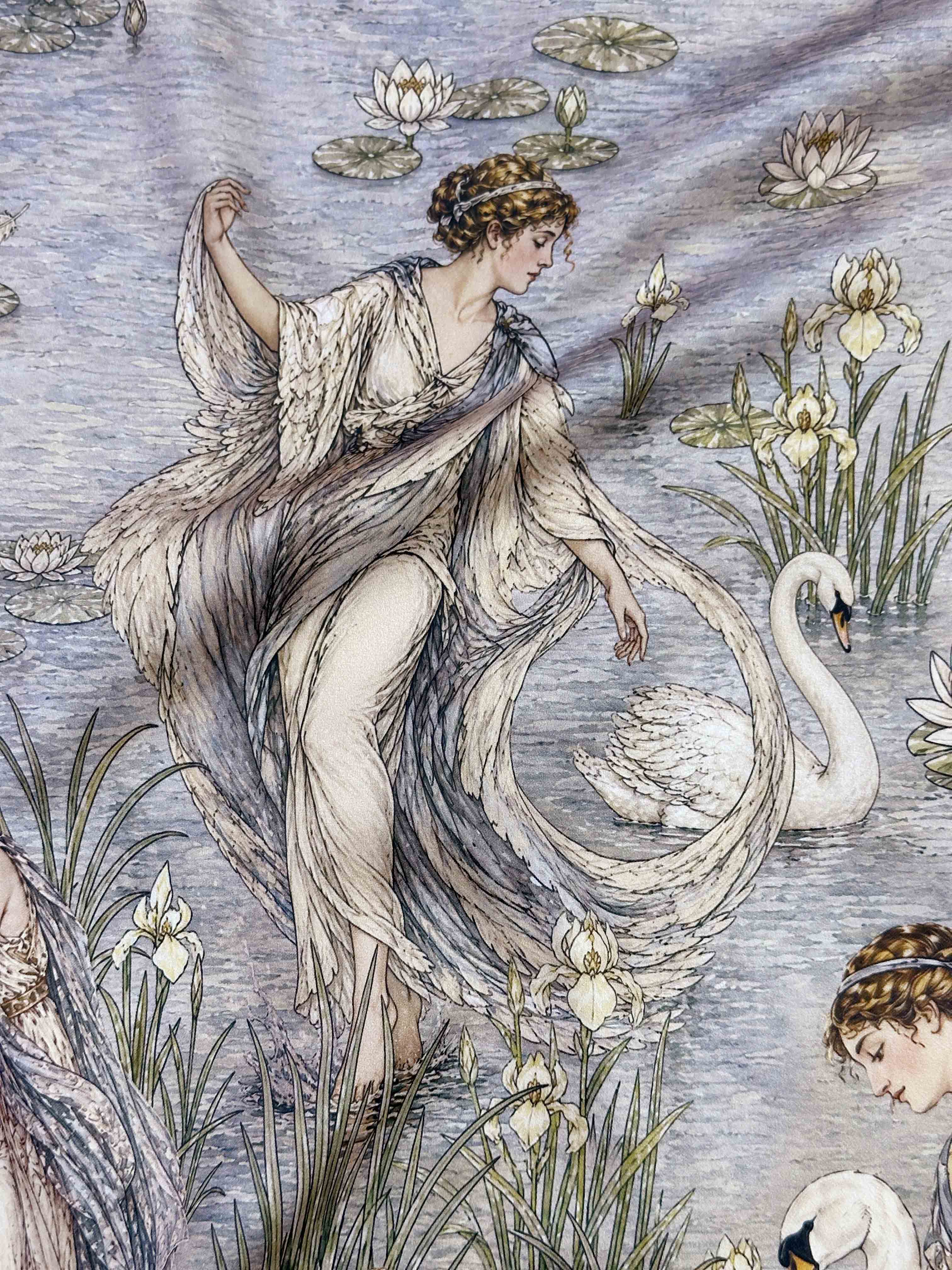 Ткань Хлопок серо-голубой с арт-принтом Девы и лебеди 14520 3