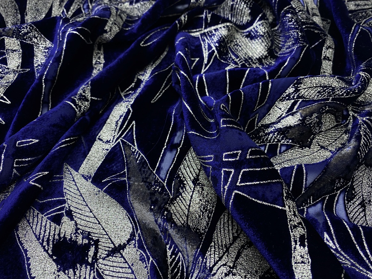 Ткань Пан-бархат синего цвета с принтом  золотые листья 03874 3